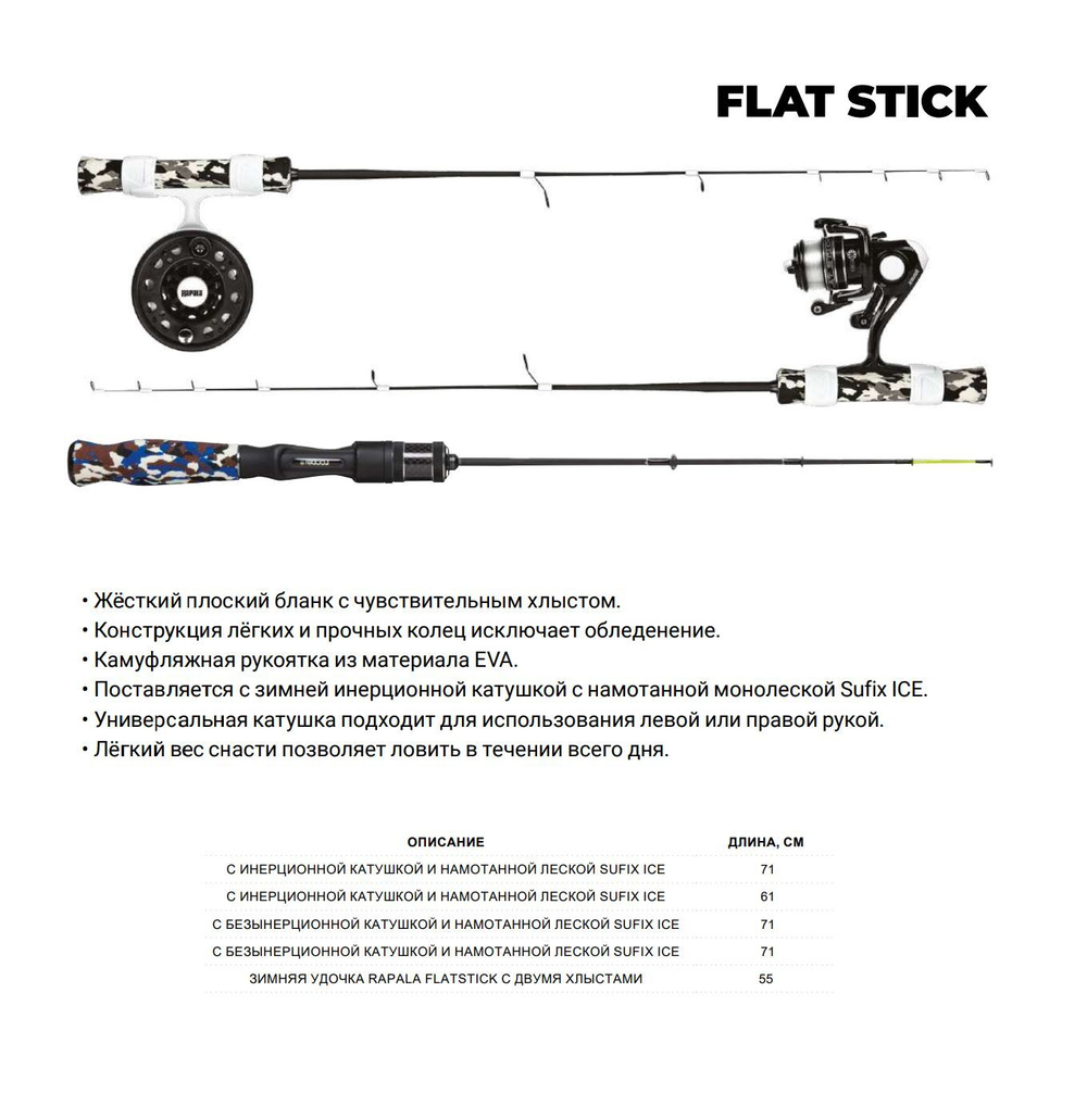 Удочка для зимней рыбалки Rapala Flatstick с двумя сменными хлыстами, рабочая длина 55см