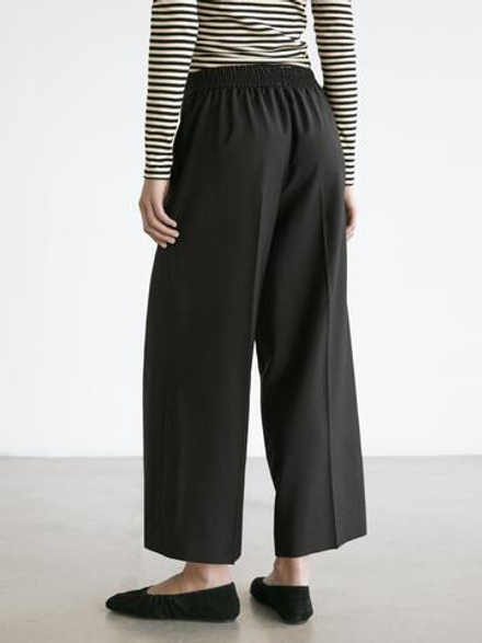 Massimo Dutti Укороченные брюки с широкими штанинами из шерстяной смеси с эластичной вставкой, черный