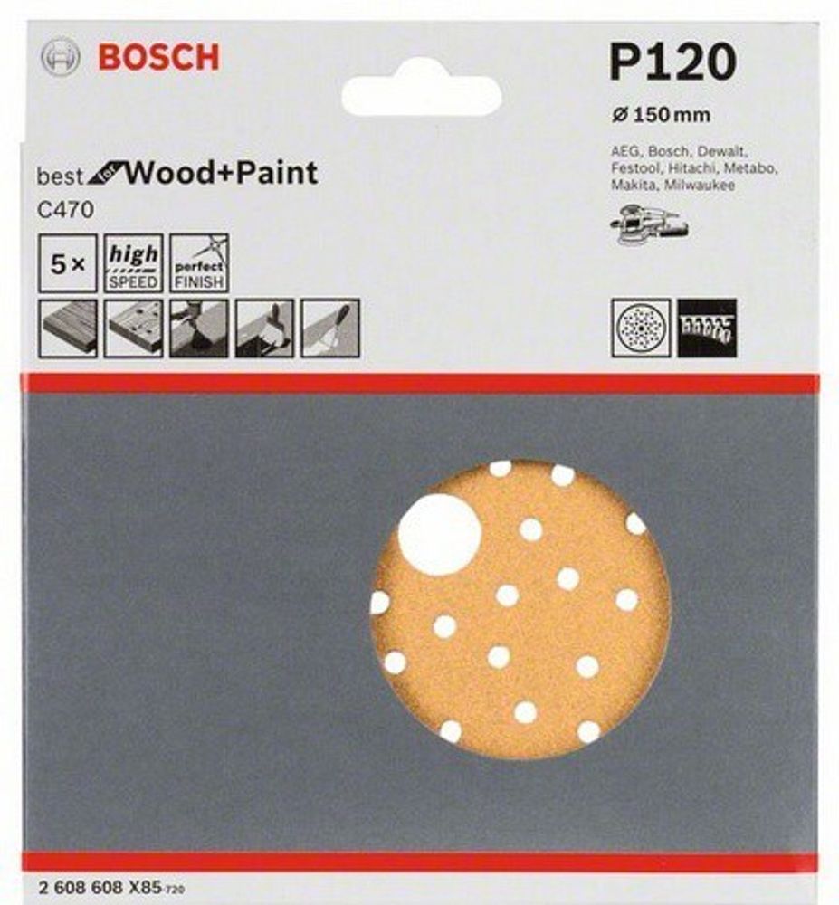 Шлифкруг 150 мм BOSCH 5 шлифлистов Best for Wood+Paint Multihole O K120