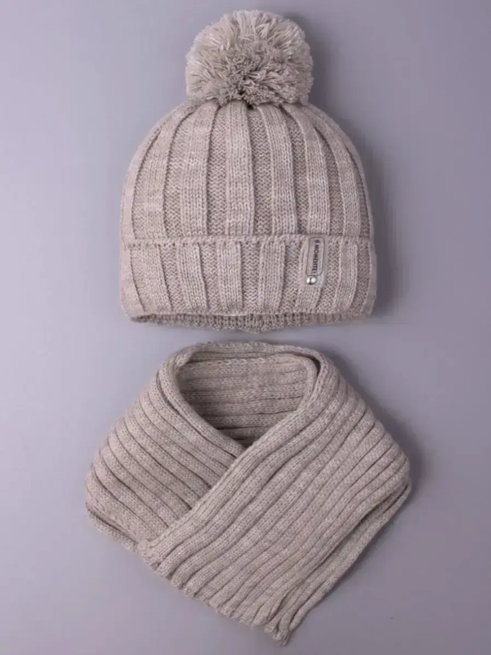Шапка для девочки с шарфом осенние, бежевые