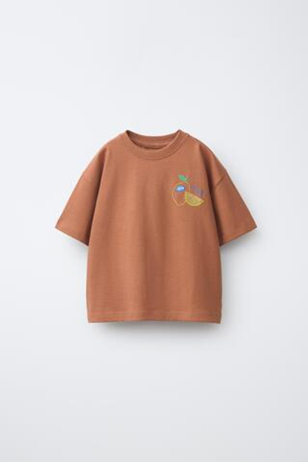 ZARA ФУТБОЛКА С ВЫШИВКОЙ, СВЕТЛО-КОРИЧНЕВЫЙ