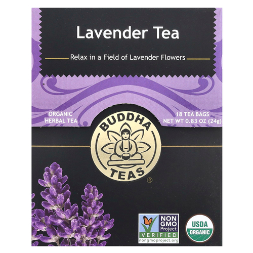 Buddha Teas, органический травяной чай, лаванда, без кофеина, 18 чайных пакетиков, 24 г (0,83 унции)