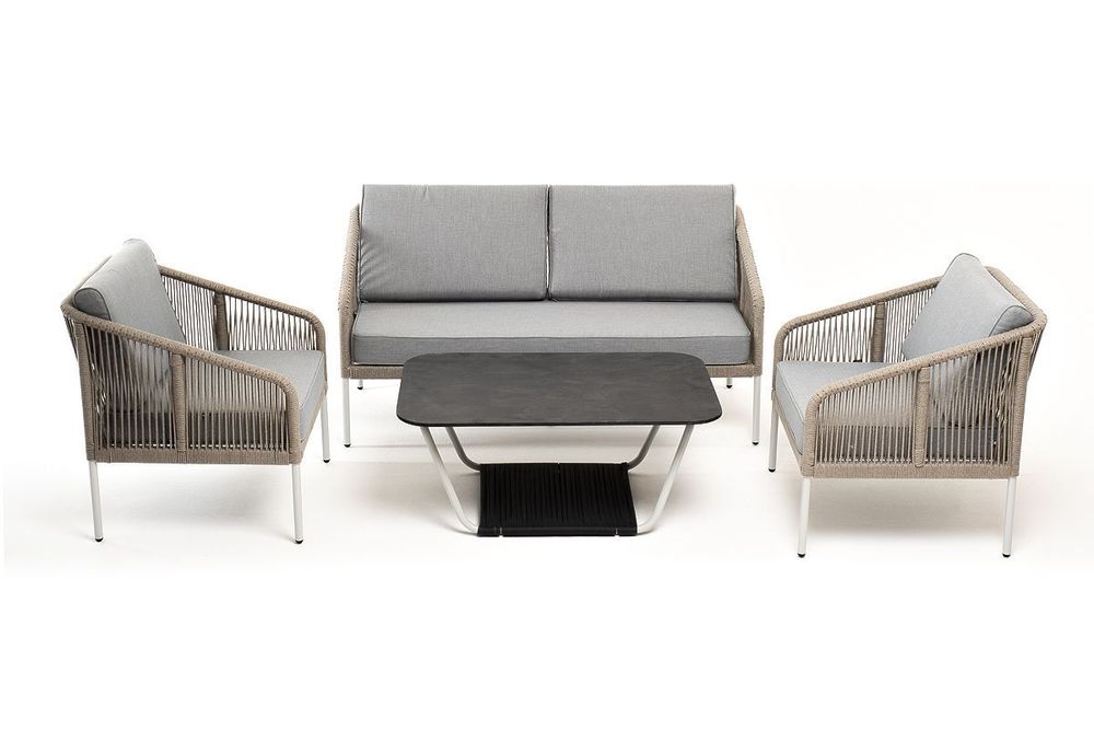 "Канны" лаунж-зона 4-местная из роупа со столом "Глория" (серый гранит), каркас алюминиевый светло-серый, роуп серый меланж