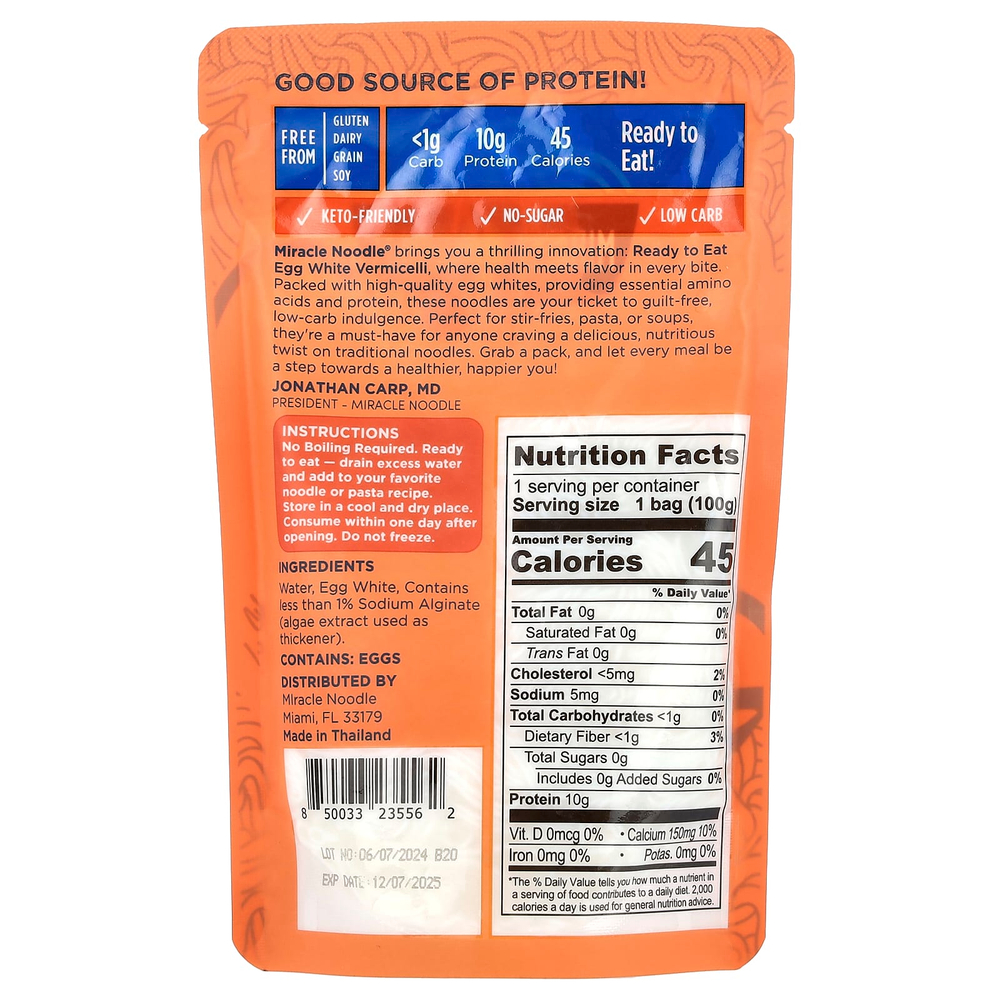 Miracle Noodle, Лапша с вермишелью, яичный белок, 100 г (3,5 унции)