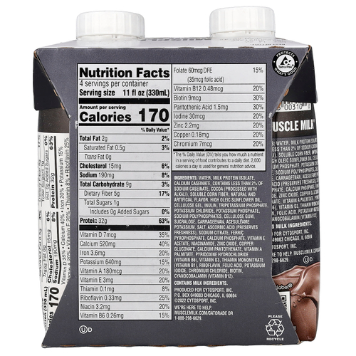 Muscle Milk, Pro Advanced Nutrition, Protein Shake, Knockout Chocolate, 4 Cartons, 11 fl oz (330 ml) Each