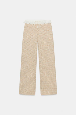 ZARA БРЮКИ ИЗ РЕЛЬЕФНОЙ ТКАНИ С ВОЛАНАМИ, ЭКРЮ/КОРИЧНЕВЫЙ