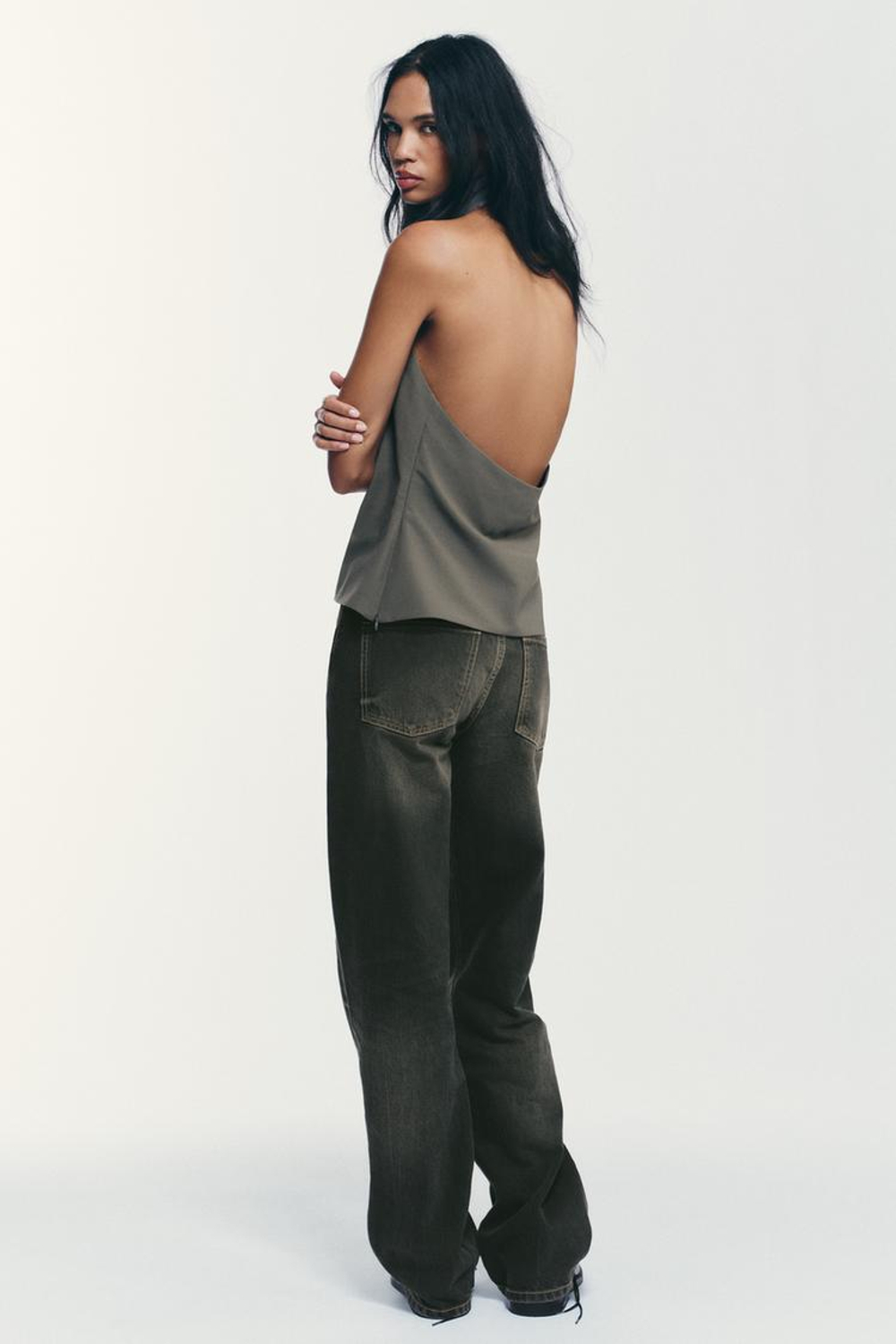 ZARA ТОП ХАЛТЕР С ОТКРЫТОЙ СПИНОЙ, ЗЕЛЕНОВАТЫЙ