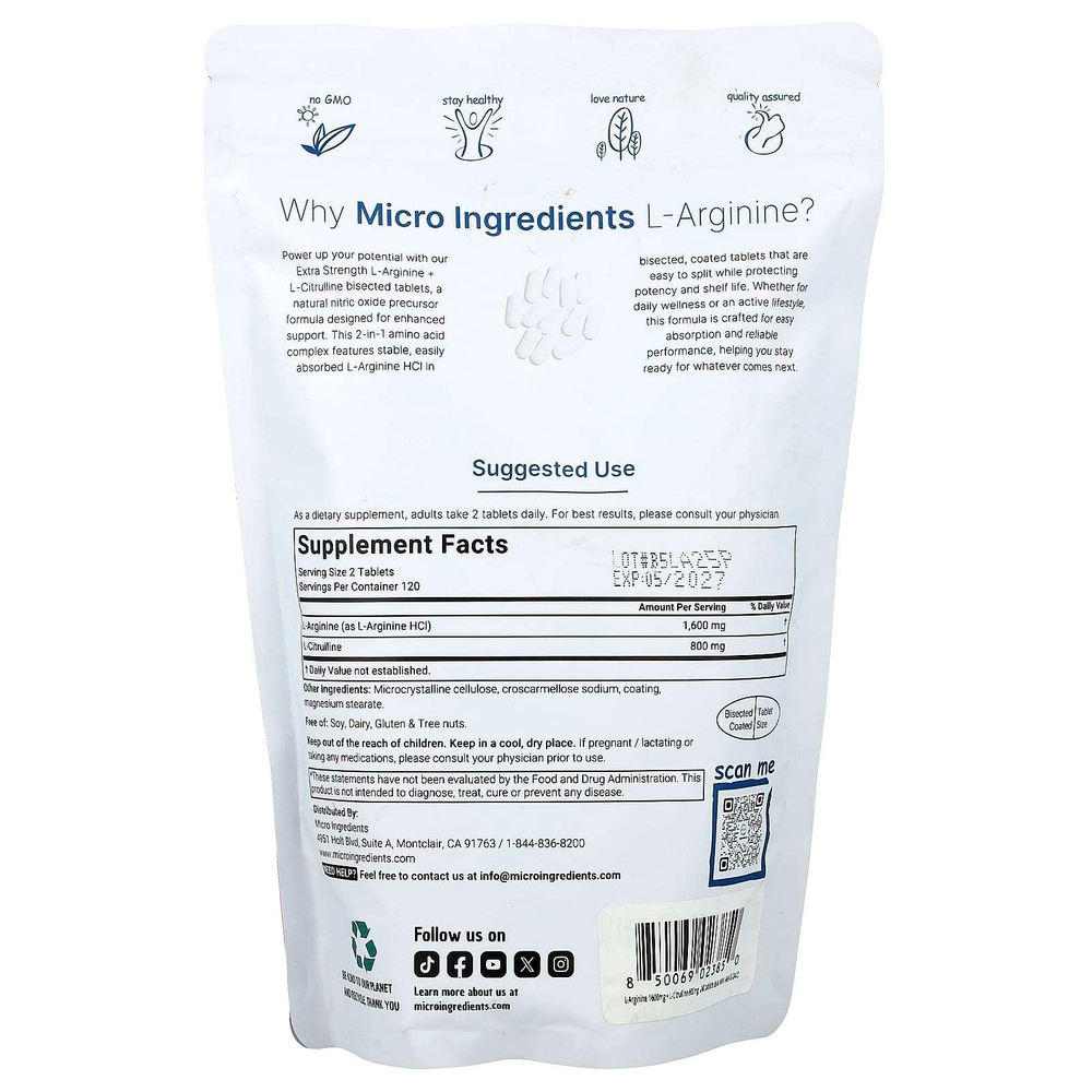Micro Ingredients, L аргинин + L-цитруллин, 240 разделенных на части таблеток