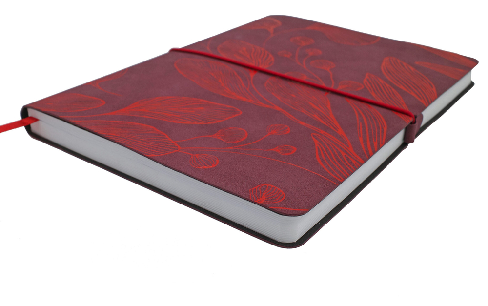 НОВИНКА! Блокнот "Leaves" в клетку А5 128 листов, гибкая обложка из бархатистой экокожи нубук  (цвет винный) с тиснением рисунка красной матовой фольгой