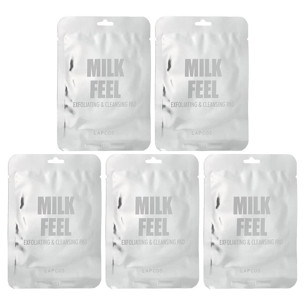 Lapcos, Milk Feel, отшелушивающие и очищающие салфетки, 5 салфеток по 7 г (0,24 унции)