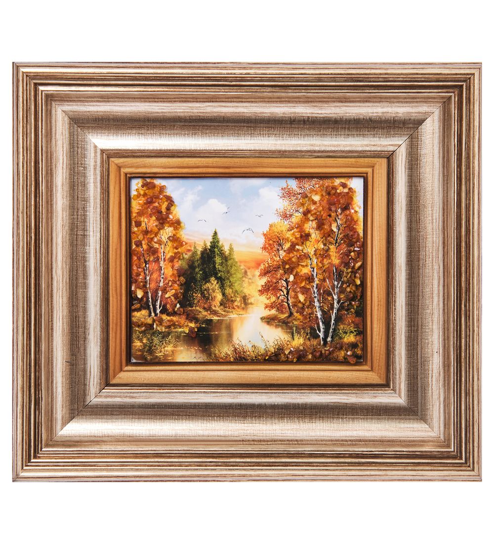 AMB-04/37 Картина «Лесное озеро» (с янтарной крошкой) L-18см