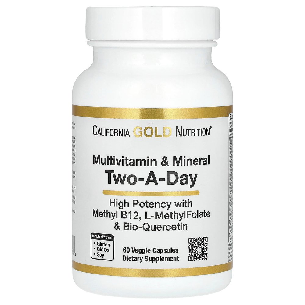 California Gold Nutrition, мультивитамины и минералы с метилом B12, витамином C, L-метилфолатом и биокверцетином, для приёма два раза в день, 60 растительных капсул