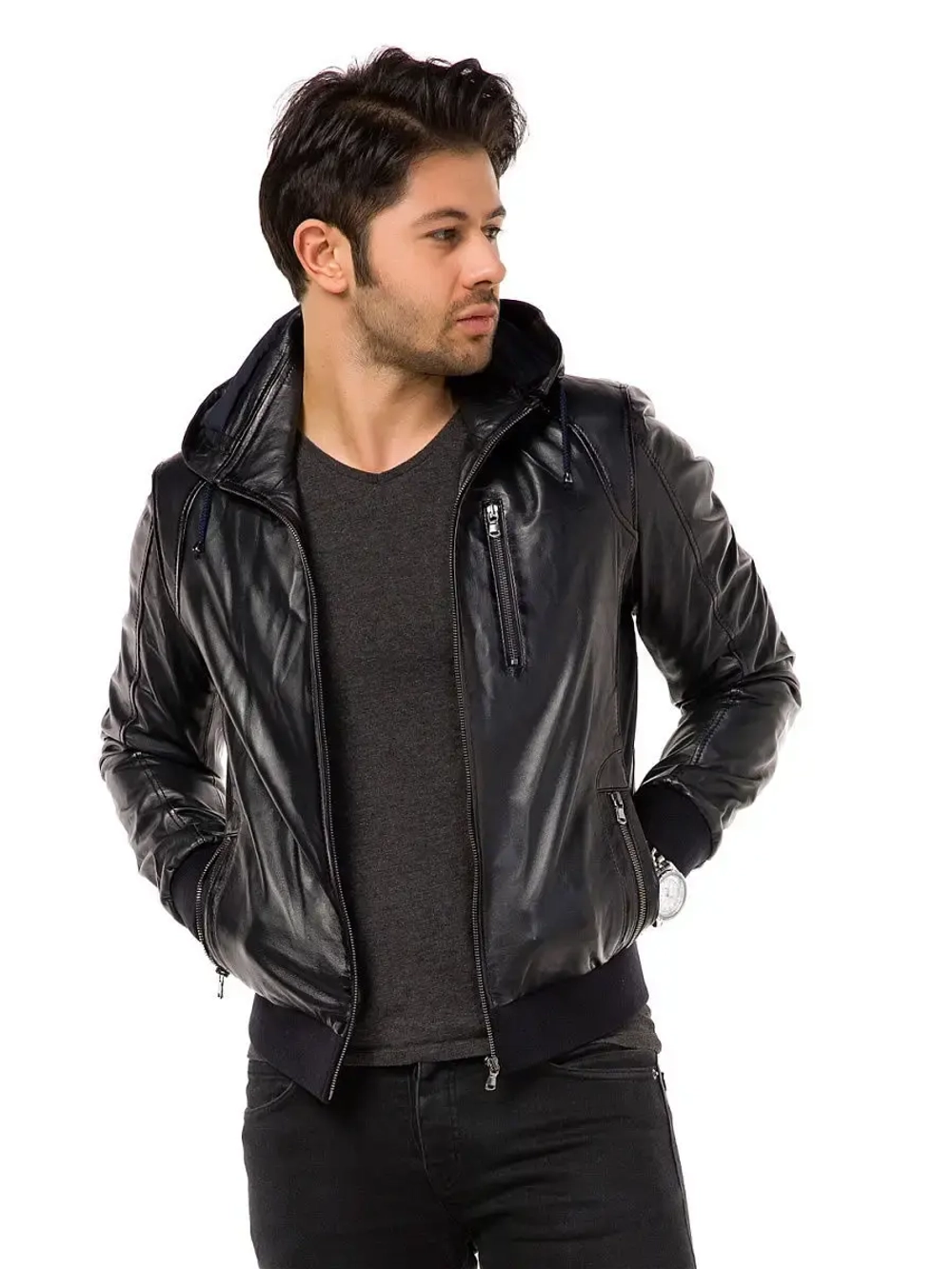 Куртка мужская натуральная кожаная с капюшоном бомбер Турция