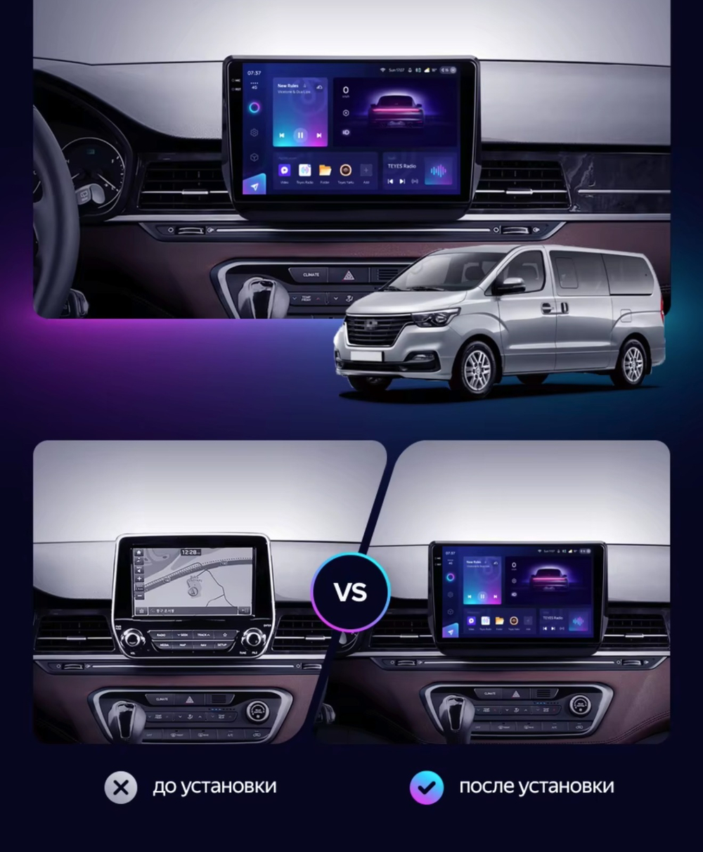 Магнитола для Hyundai H1, Grand Starex, 2018-2022 (ШГУ цветной) - Teyes CC3-2K-360 монитор 9.5" 2K QLED на Android 10, 6Гб+128Гб, CarPlay, 4G SIM-слот, 4 камеры в комплекте