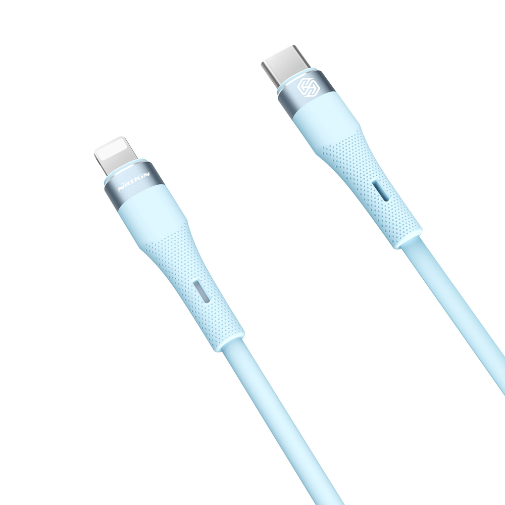 Кабель с разъемом Type C - Lightning для iPhone с быстрой зарядкой PD 27W от Nillkin покрытый жидким силиконом синего цвета, серия Flowspeed Liquid Silicone Cable, длина 1,2м