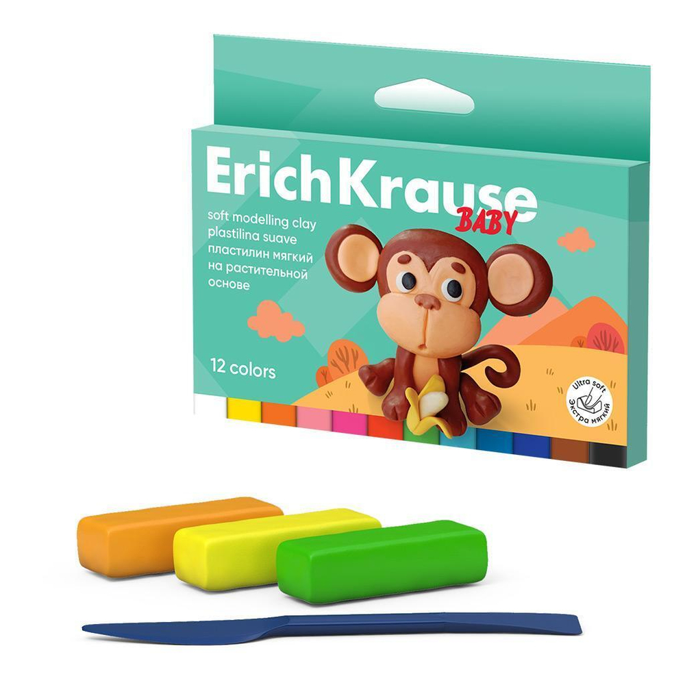 Пластилин мягкий с Алоэ Вера 12 цветов, 180 г "Baby" (ErichKrause)