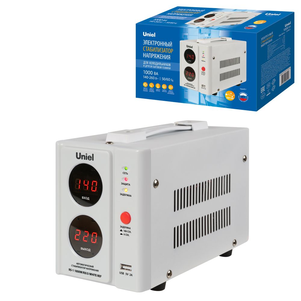 RS-1 1000W-RX-U WHITE REF Стабилизатор напряжения для холодильников. 1000ВА. USB разъем. TM Uniel