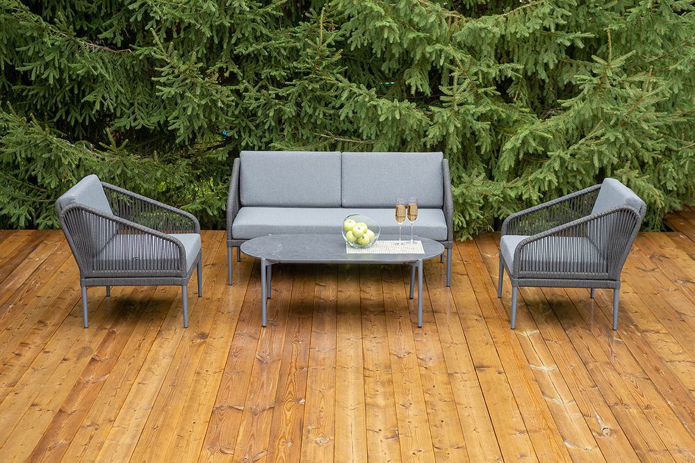 "Канны" лаунж-зона 4-местная (разборная) из роупа со столиком "Диего" цвета "серый гранит", роуп темно-серый круглый, ткань темно-серая