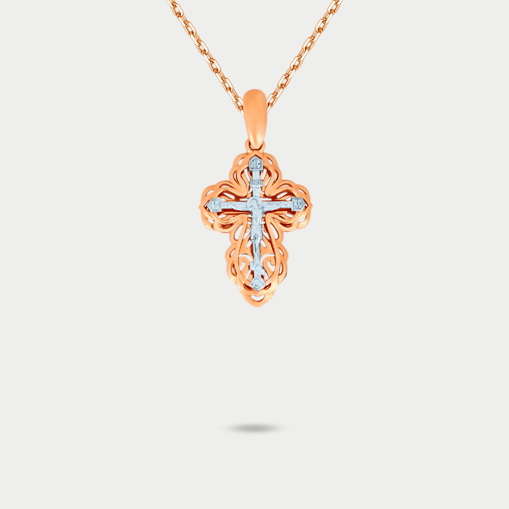 Крест женский православный из комбинированного золота 585 пробы без вставок (арт. 080636)
