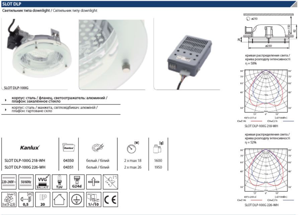 Cветильник даунлайт KANLUX SLOT DLP-100G 2х18 G24d