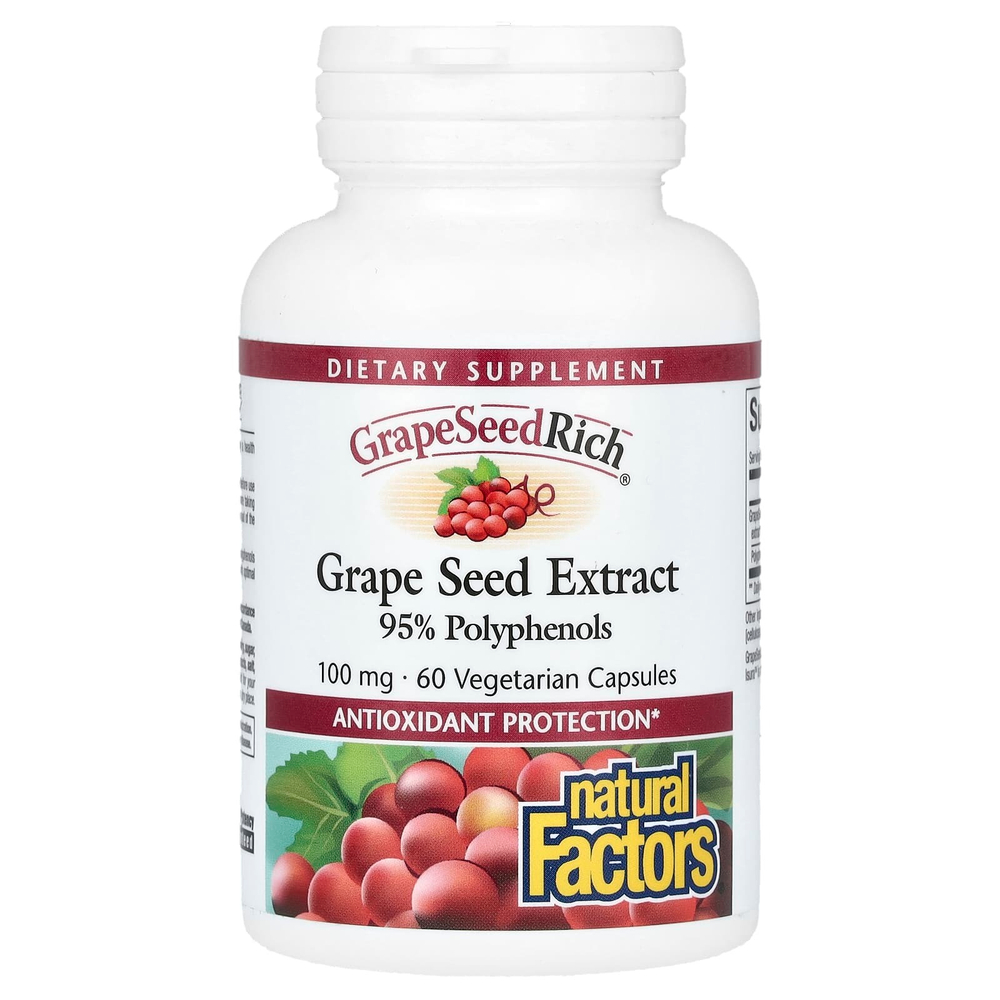Natural Factors, GrapeSeedRich, экстракт виноградных косточек, 100 мг, 60 вегетарианских капсул