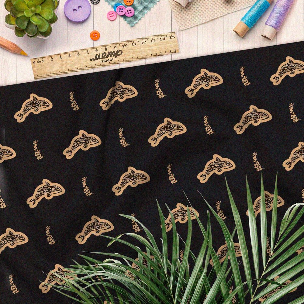 Ткань шифон песчаные акулы на чёрном фоне