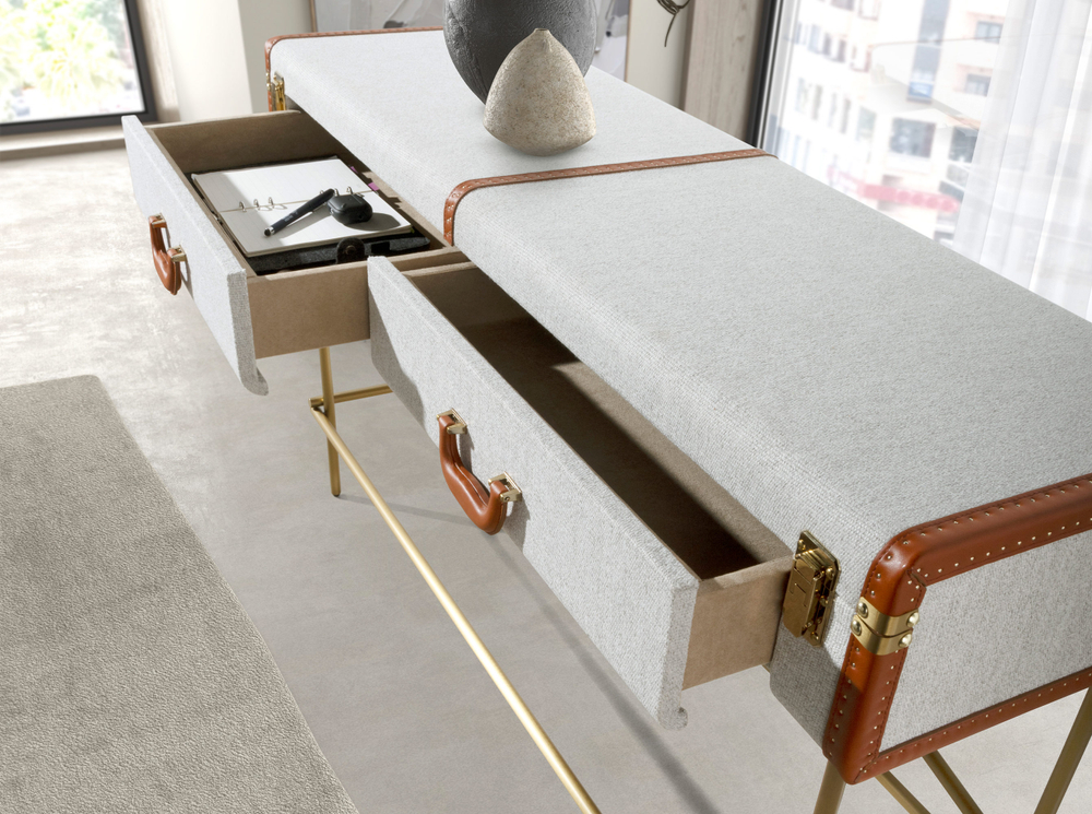 Консольный стол 3271 из шпона ореха и светло-серой ткани