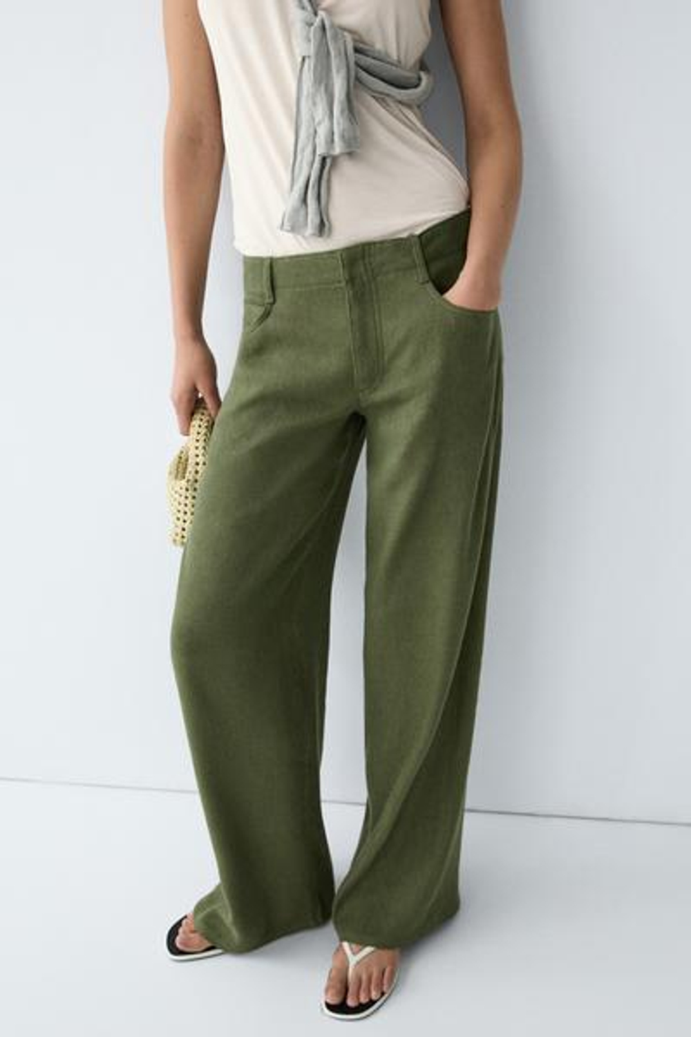 Massimo Dutti Прямые брюки из смесовой льняной ткани, зеленый