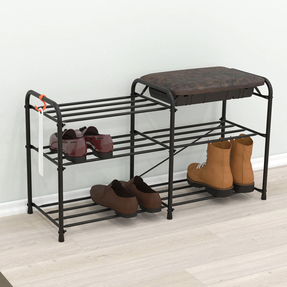 Подставка для обуви "Альфа 33" с сиденьем и ящиком, черная