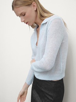 Massimo Dutti Трикотажный свитер из смесовой альпаки с воротником поло, небесно-голубой