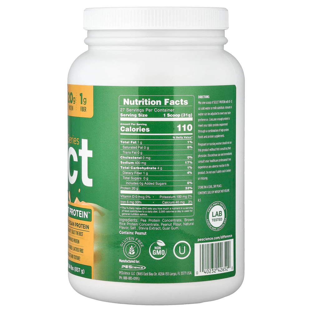 PEScience, Vegan Series, Select Plant Protein™, арахисовая паста, 837 г (1,84 фунта)