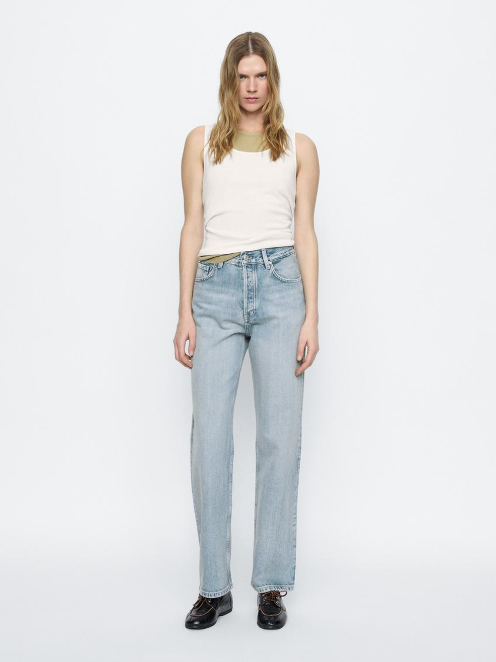 Massimo Dutti Джинсы прямого кроя из смесового хлопка с высокой посадкой, голубой