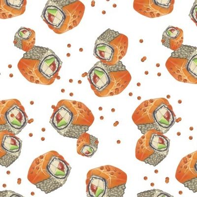 Delicious sushi. Watercolor seamless pattern