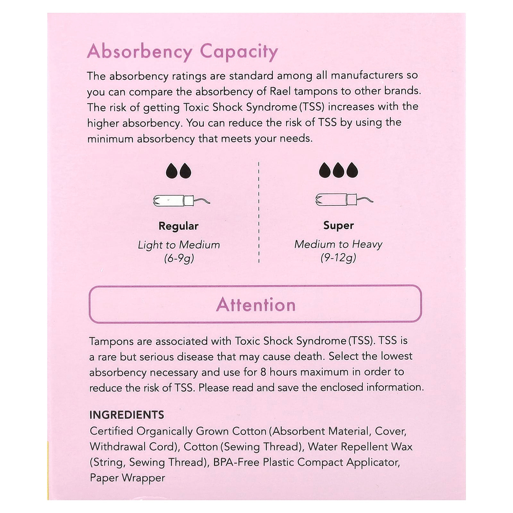 Rael, Тампоны из органического хлопка, обычные, без отдушек, 18 шт.