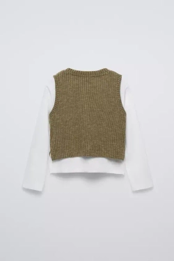 ZARA ТРИКОТАЖНЫЙ ТОП С КОНТРАСТНЫМИ РУКАВАМИ, ЗЕЛЕНЫЙ С МЕЛАНЖЕВЫМ ЭФФЕКТОМ