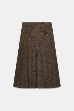 ZARA ЮБКА В КЛЕТКУ СО СКЛАДКОЙ ИЗ СМЕСОВОЙ ШЕРСТИ — ZW COLLECTION, КОРИЧНЕВО-СИНИЙ