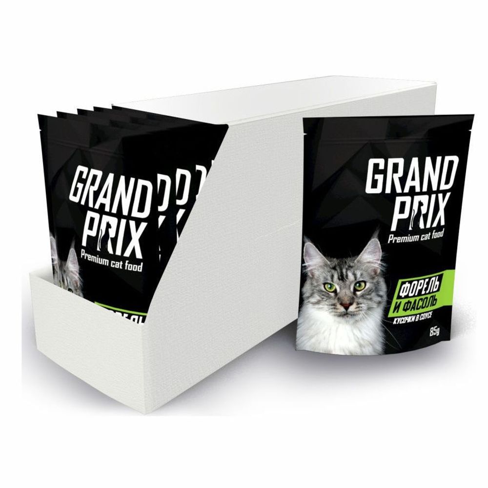 Влажный корм GRAND PRIX для кошек, кусочки в соусе с форелью и фасолью, пауч 85г Влажный корм GRAND PRIX для кошек, кусочки в соусе с форелью и фасолью, пауч 85г