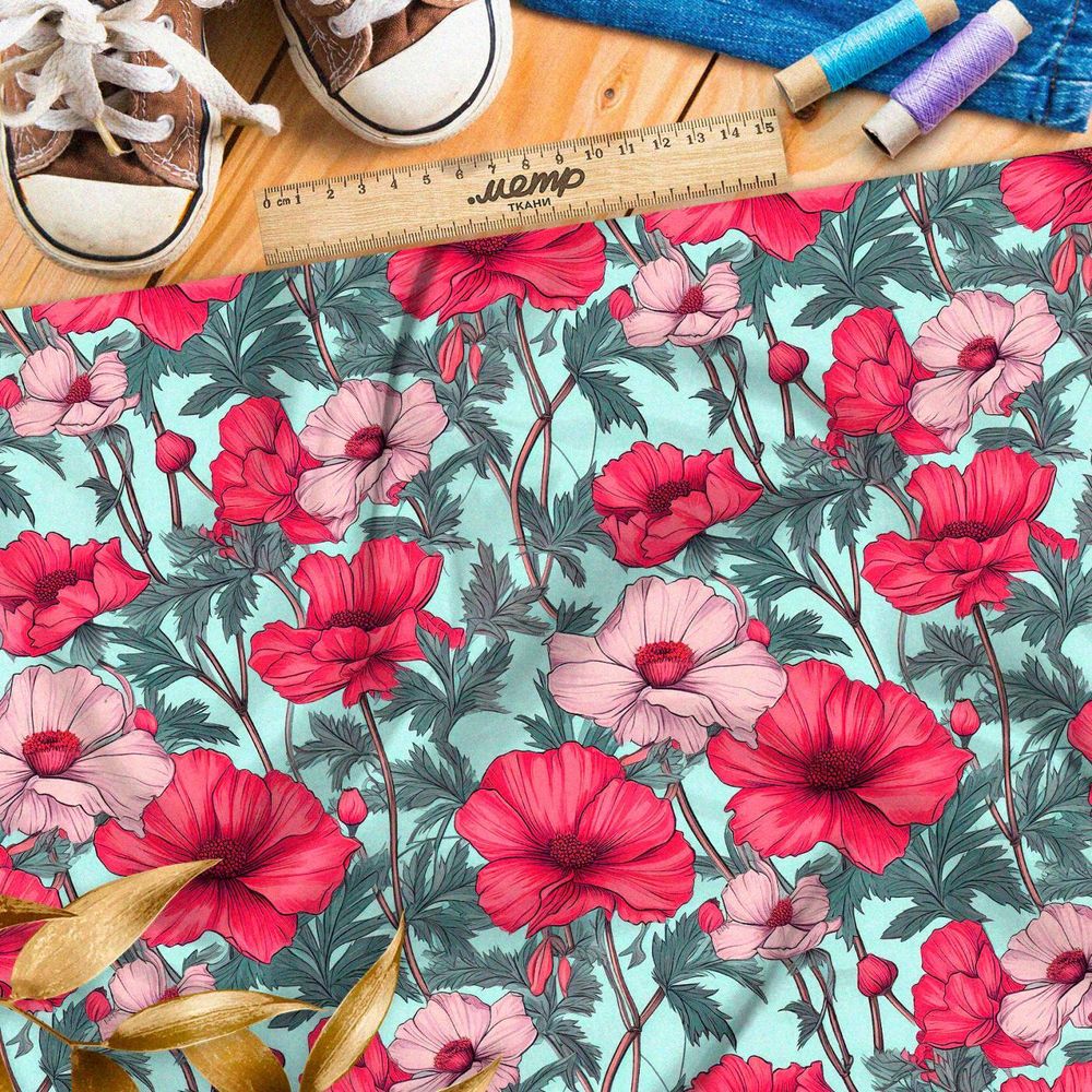 Ткань премиум флис маки на голубом