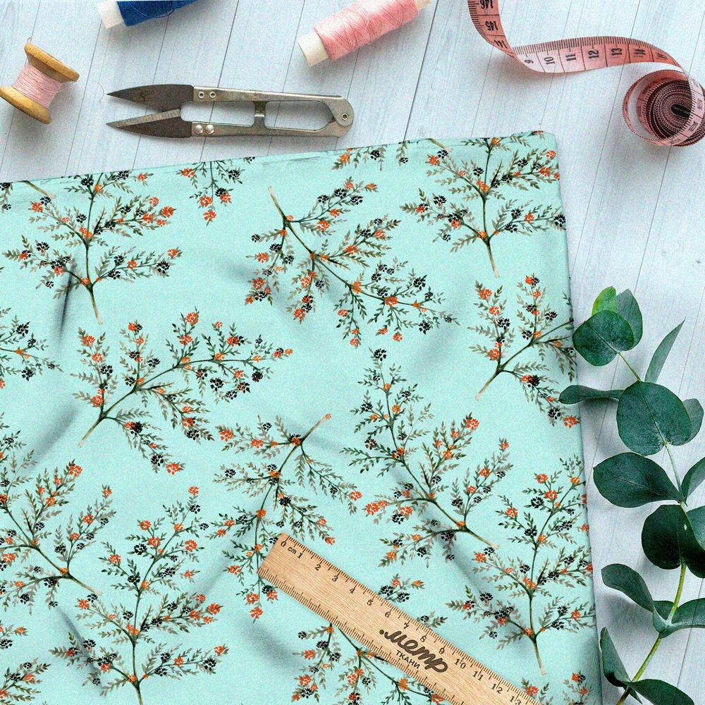 Ткань габардин оранжевая рябина на зелёном фоне