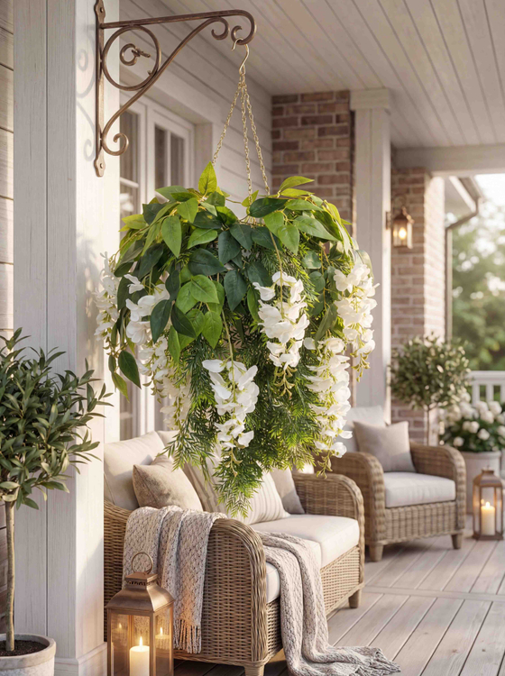 Акация белая 7 цветков в подвесном белом кашпо на цепочке