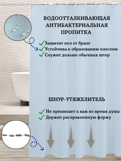 Штора для ванной комнаты тканевая белая 180х180 см, с утяжелителем, на больших люверсах (вешаем сразу на карниз)