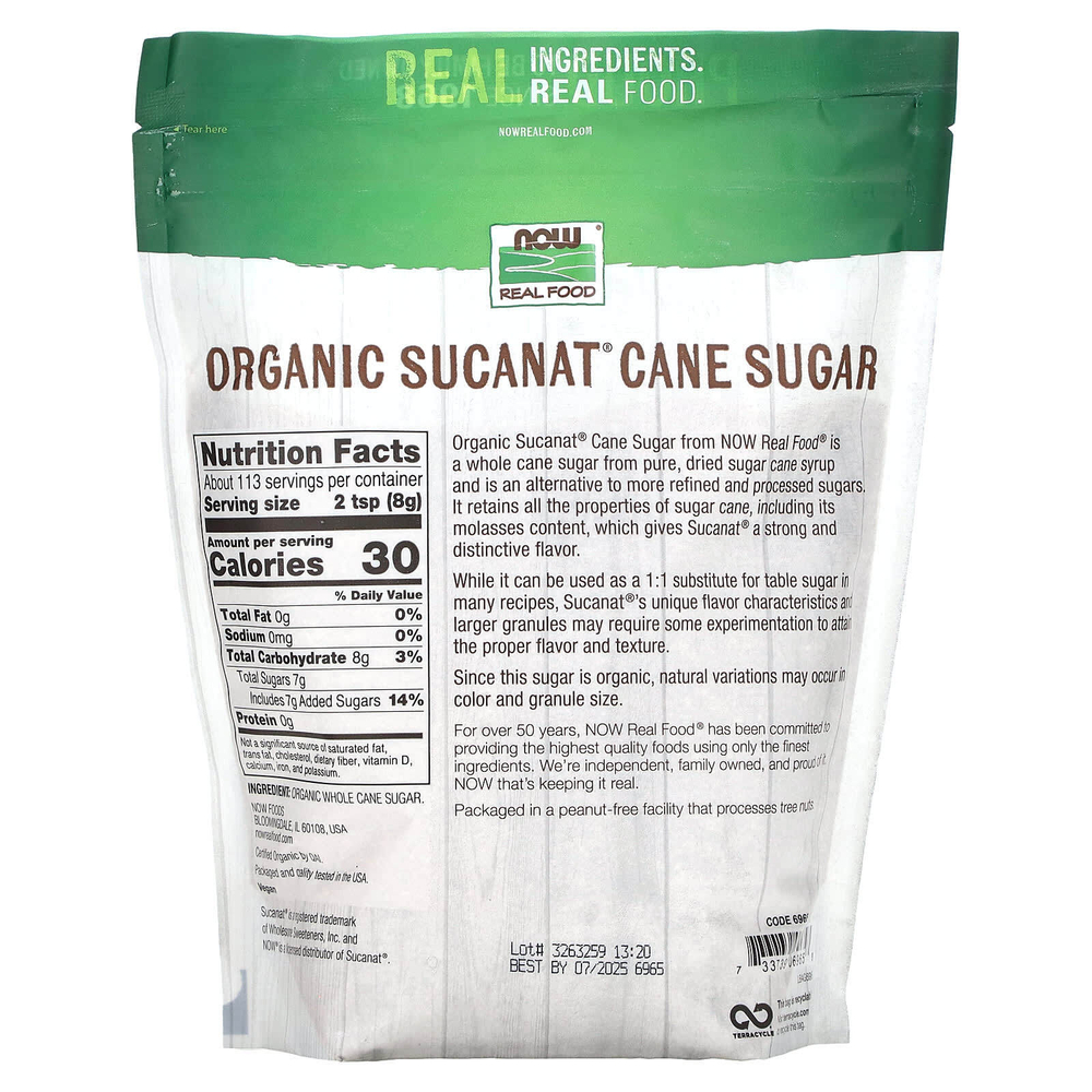 NOW Foods, Real Food, Sucanat, сертифицированный органический тростниковый сахар, 907 г (2 фунта)
