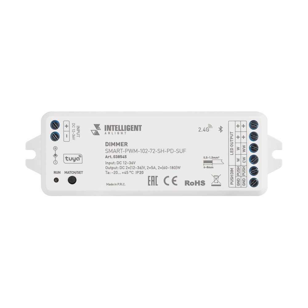 INTELLIGENT ARLIGHT Диммер SMART-PWM-102-72-SH-PD-SUF (12-36V, 2x5A, TUYA BLE, 2.4G) (IARL, IP20 Пластик, 5 лет) 038545