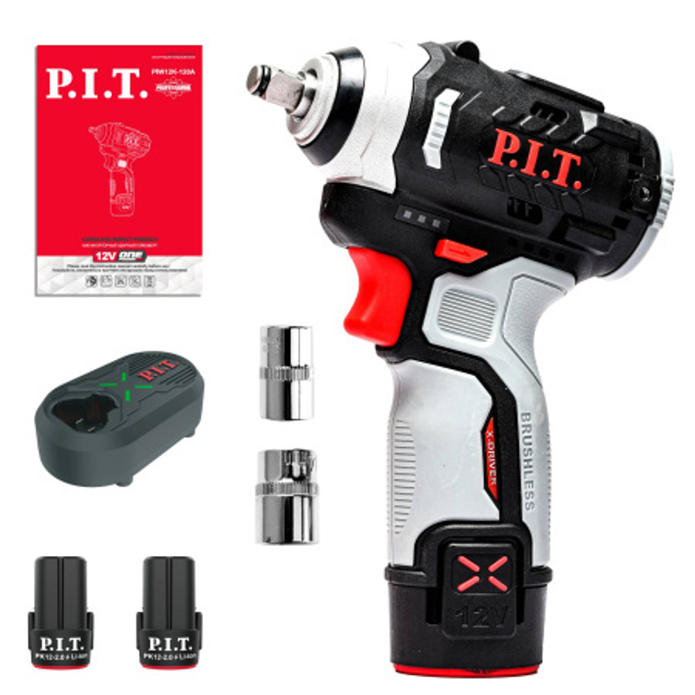 Гайковерт IMPACT аккум. бесщеточный P.I.T. PIW12K-120A/2 (12В, 120Нм, 3ск, кв. 3/8", 2 акб 2Ач, ЗУ)