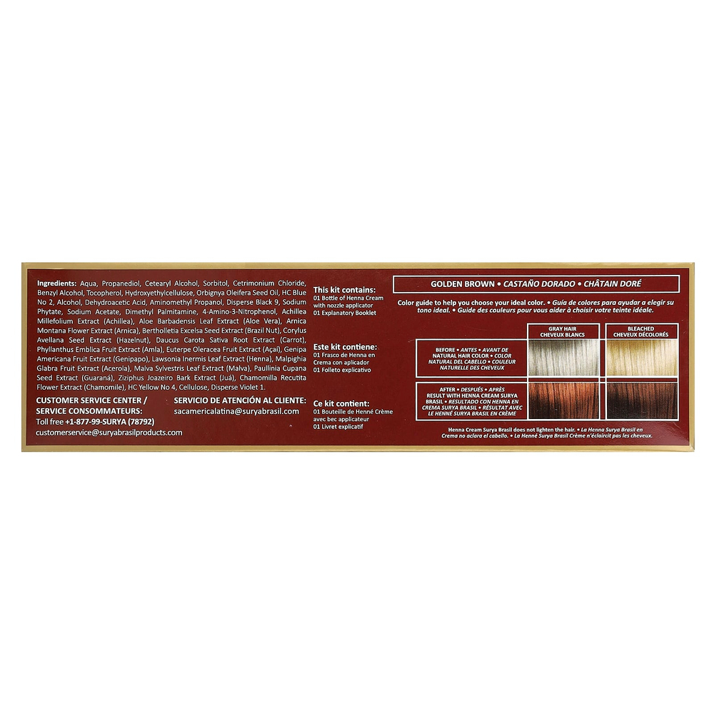 Surya Brasil, Henna Cream, веганская полуперманентная краска для скрытия седины и тоник для обесцвеченных волос, золотисто-коричневый, 70 мл (2,37 жидк. унц.)