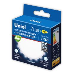 LED-GX53-7W-4000K+4000K-GX53-FR PLB02WH Лампа светодиодная. матовая. Белый свет 4000K. Торцевая подсветка. Белый свет 4000K. Картон. ТМ Uniel.