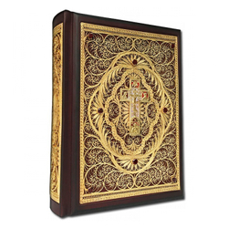 Библия большая с литьем и филигранью (золото) и гранатами в замшевой шкатулке