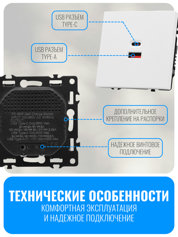 Розетка USB Type-A+C 65Вт Smart Aura серия PREMIER без рамки