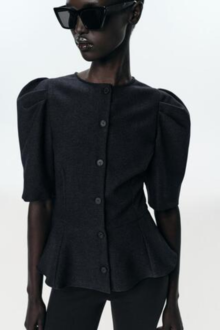 ZARA ТОП С БАСКОЙ И ОБЪЕМНЫМИ РУКАВАМИ, АНТРАЦИТОВО-СЕРЫЙ