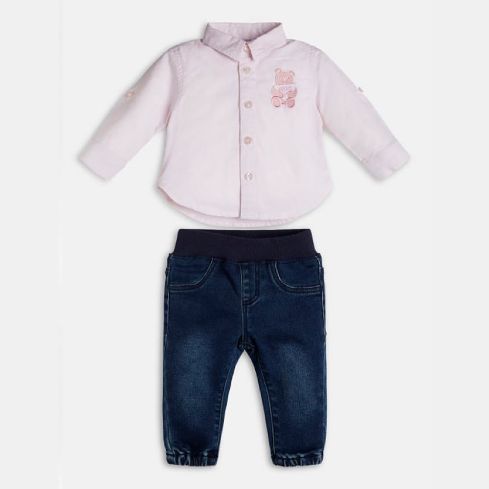 Рубашка с длинным рукавом+брюки джинсовые GUESS Нежно-розовый/Вышивка: мишка//Синий/Выбеленный/Вышивка: мишка Мальчик
